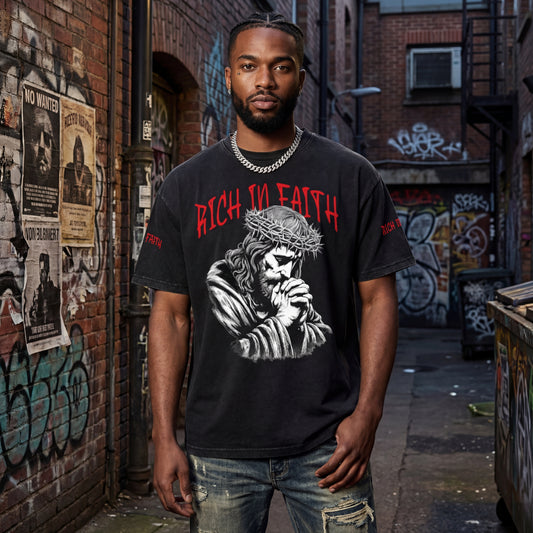 Rich in Faith Snow Washed Oversized Cotton T-Shirt